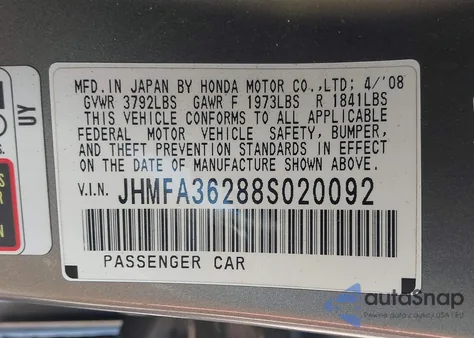 2008 Honda Civic Hybrid from USA, damaged, VIN JHMFA36288S020092